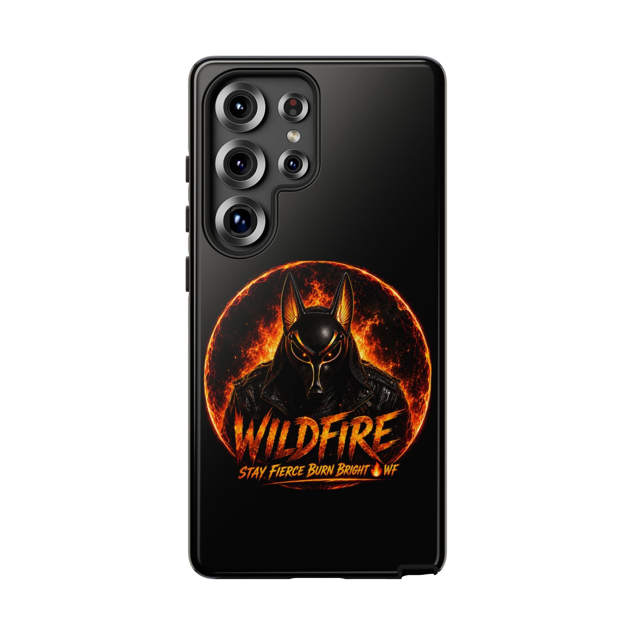 Wildfire Phone Case — Fierce Flaming Anubis Design, "Stay Fierce Burn Bright"