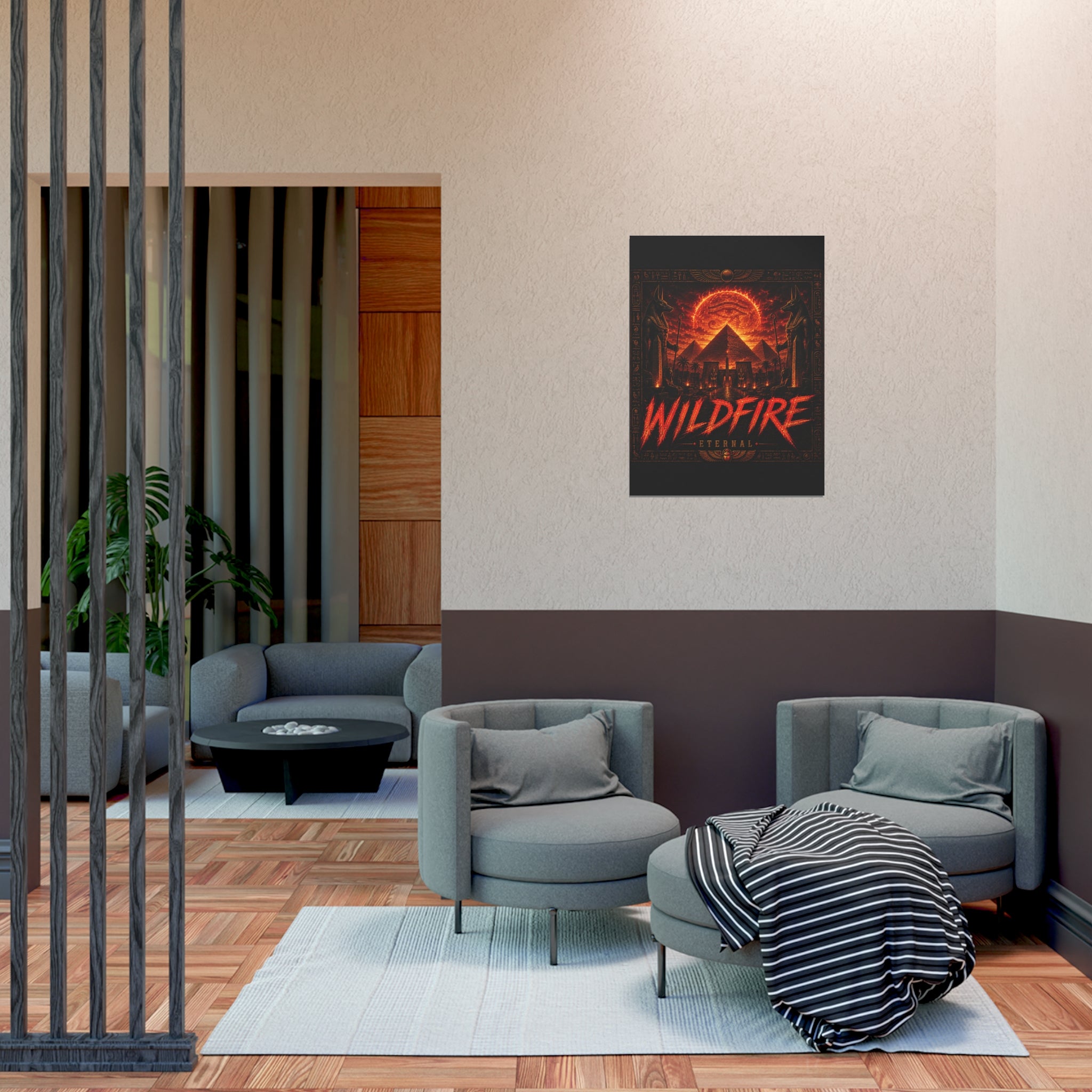 Wildfire Poster — Fiery Anubis Illustration with 'Stay Fierce Burn Bright'