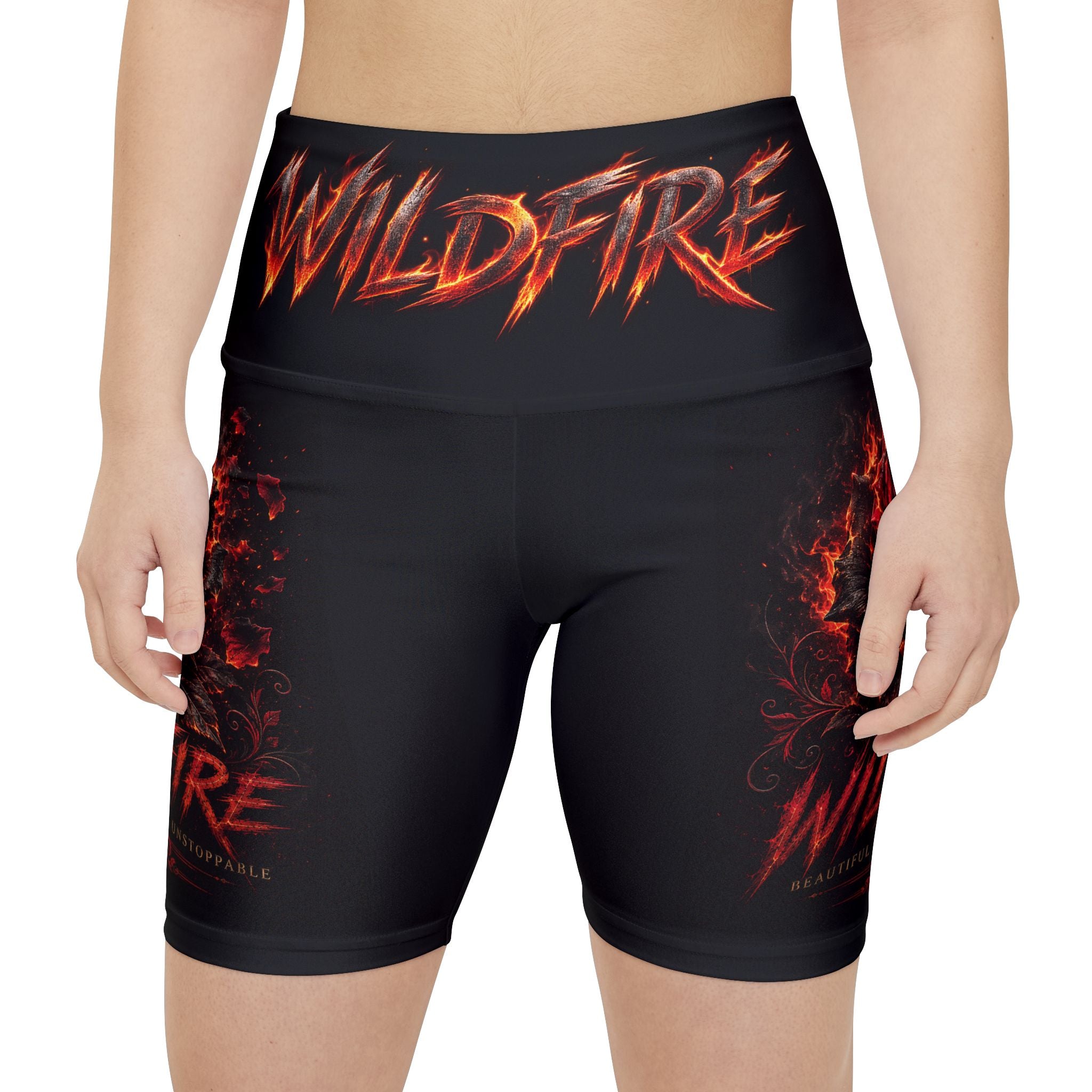 Wildfire Flaming Rose Logo Workout Shorts — "WILDFIRE" High-Waist Fitness Shorts