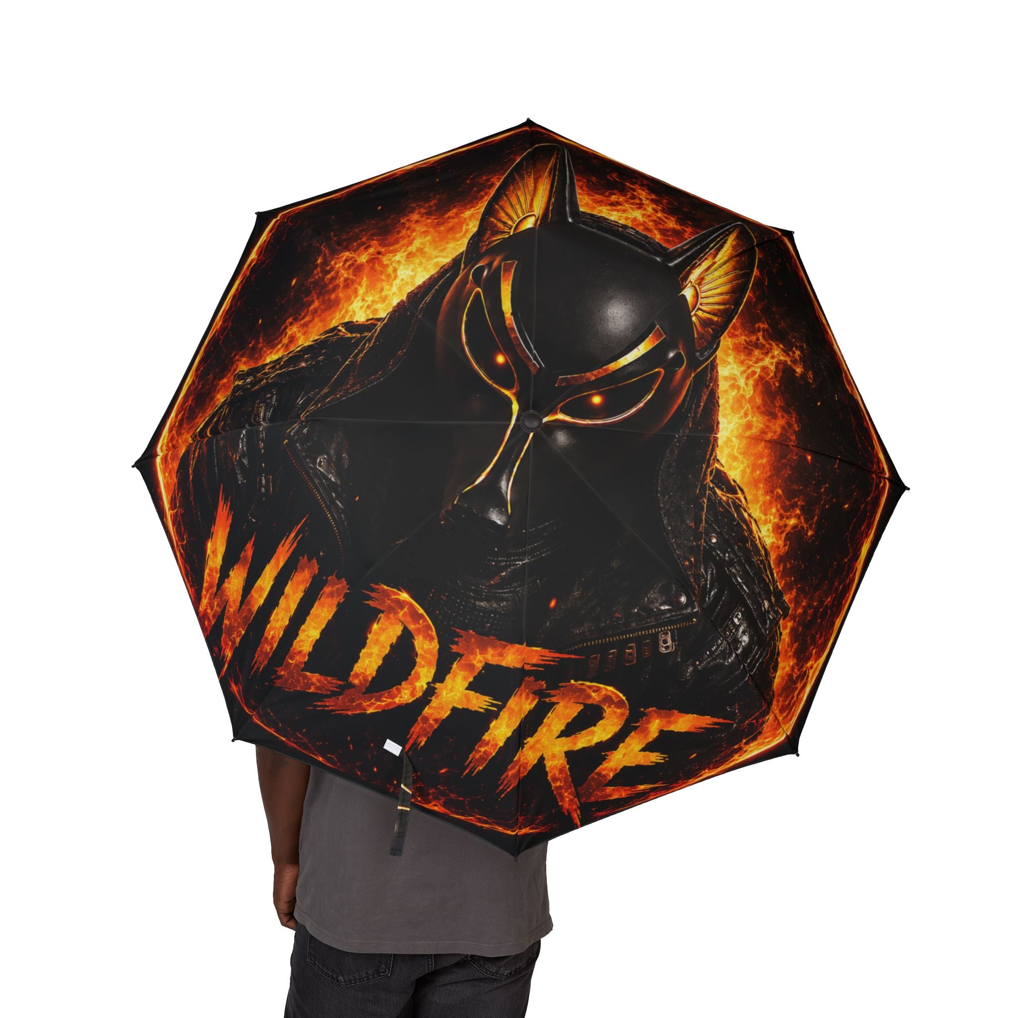 Foldable Umbrella — Fiery Anubis Design, Semi-Automatic Compact Rain Umbrella