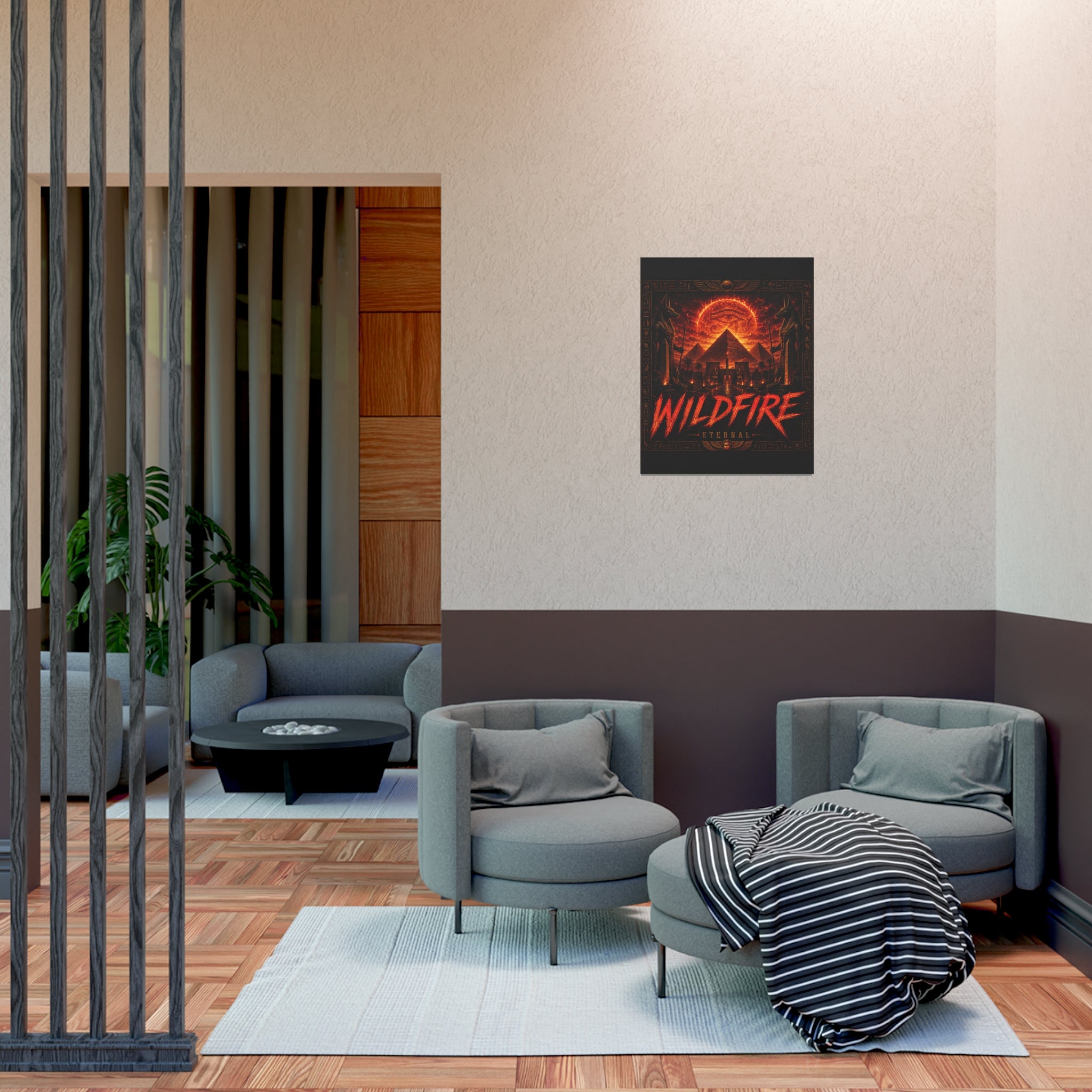 Wildfire Poster — Fiery Anubis Illustration with 'Stay Fierce Burn Bright'