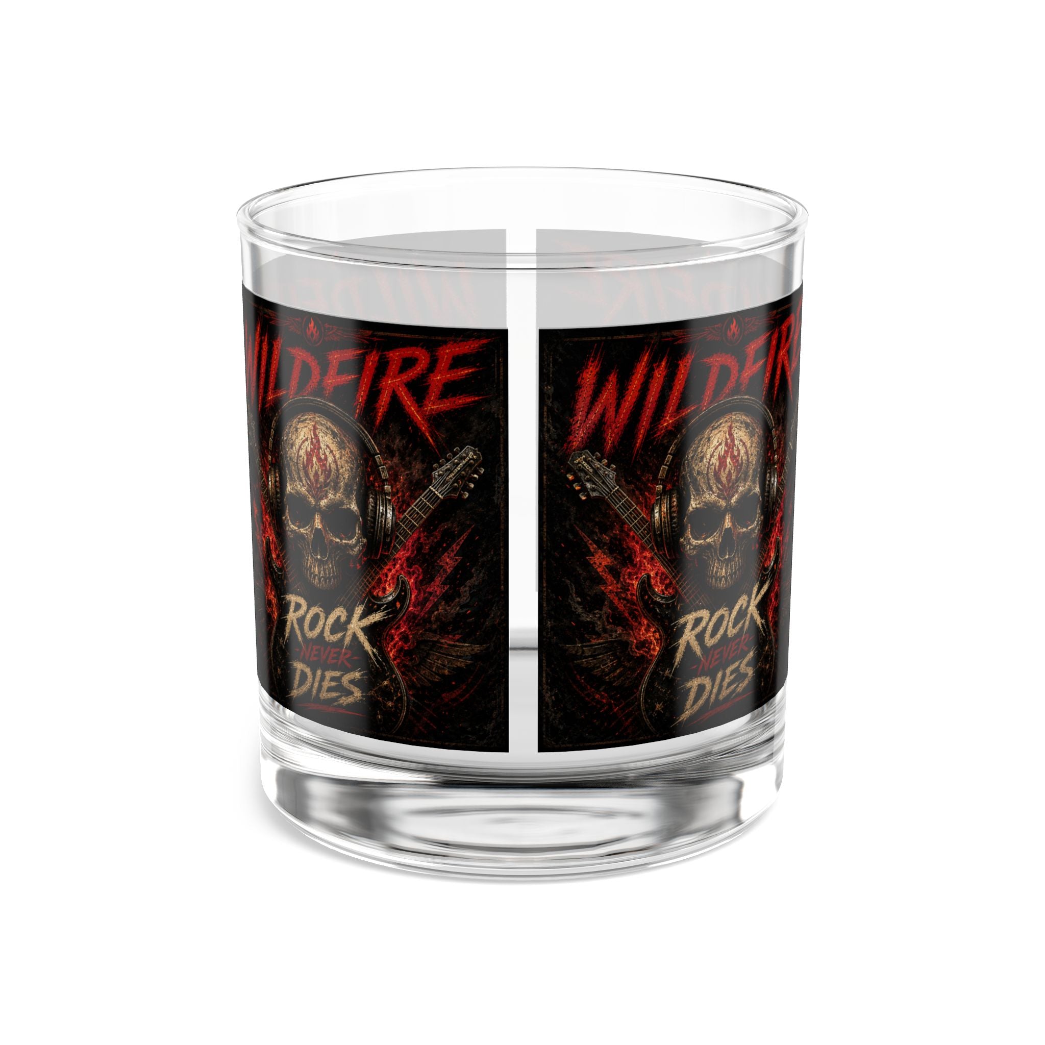 Wildfire Rock & Roll 10oz Whiskey Rocks Glass — 'Rock Never Dies' Skull Guitar Design