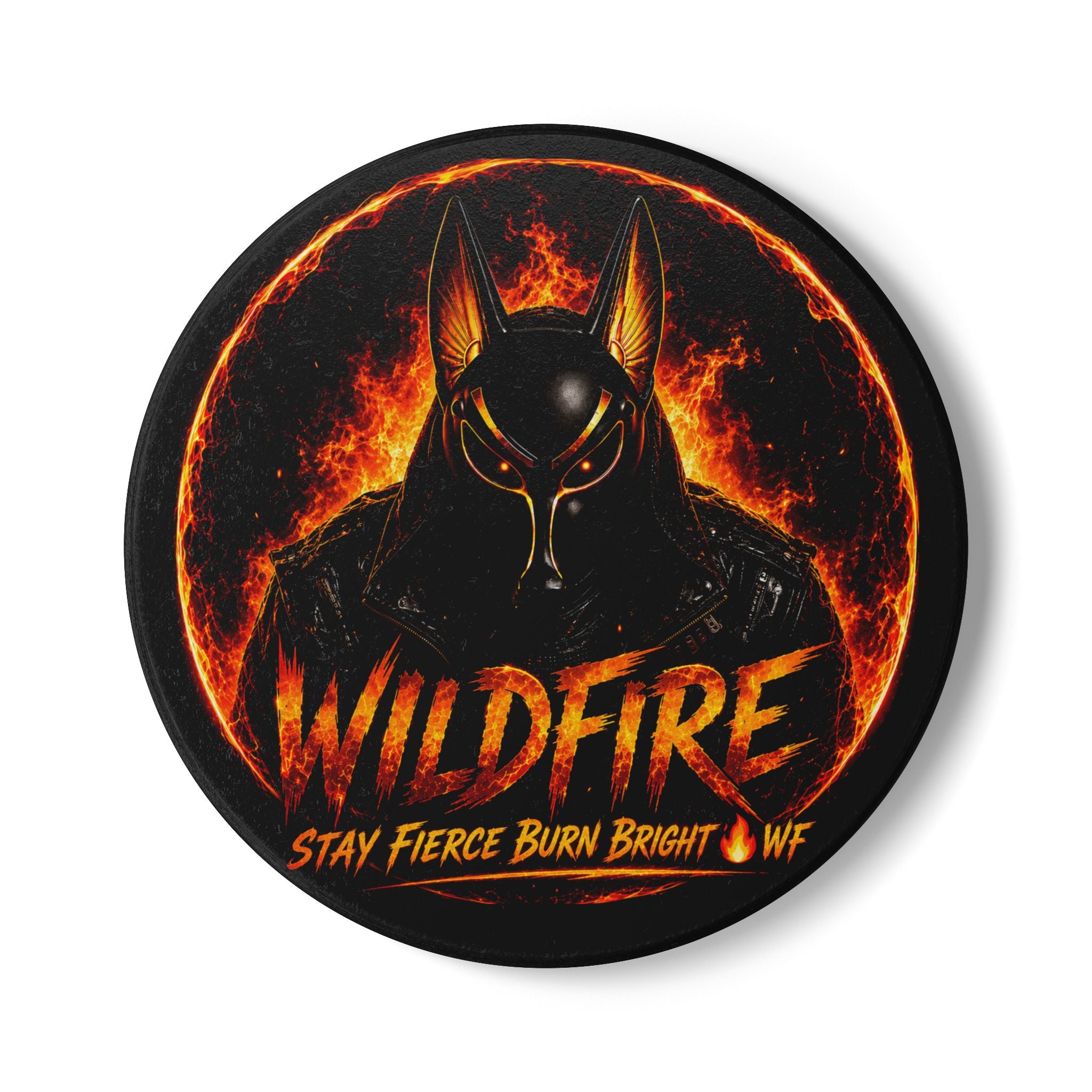 Wildfire Ceramic Coaster — Fiery Anubis Design, "Stay Fierce Burn Bright"