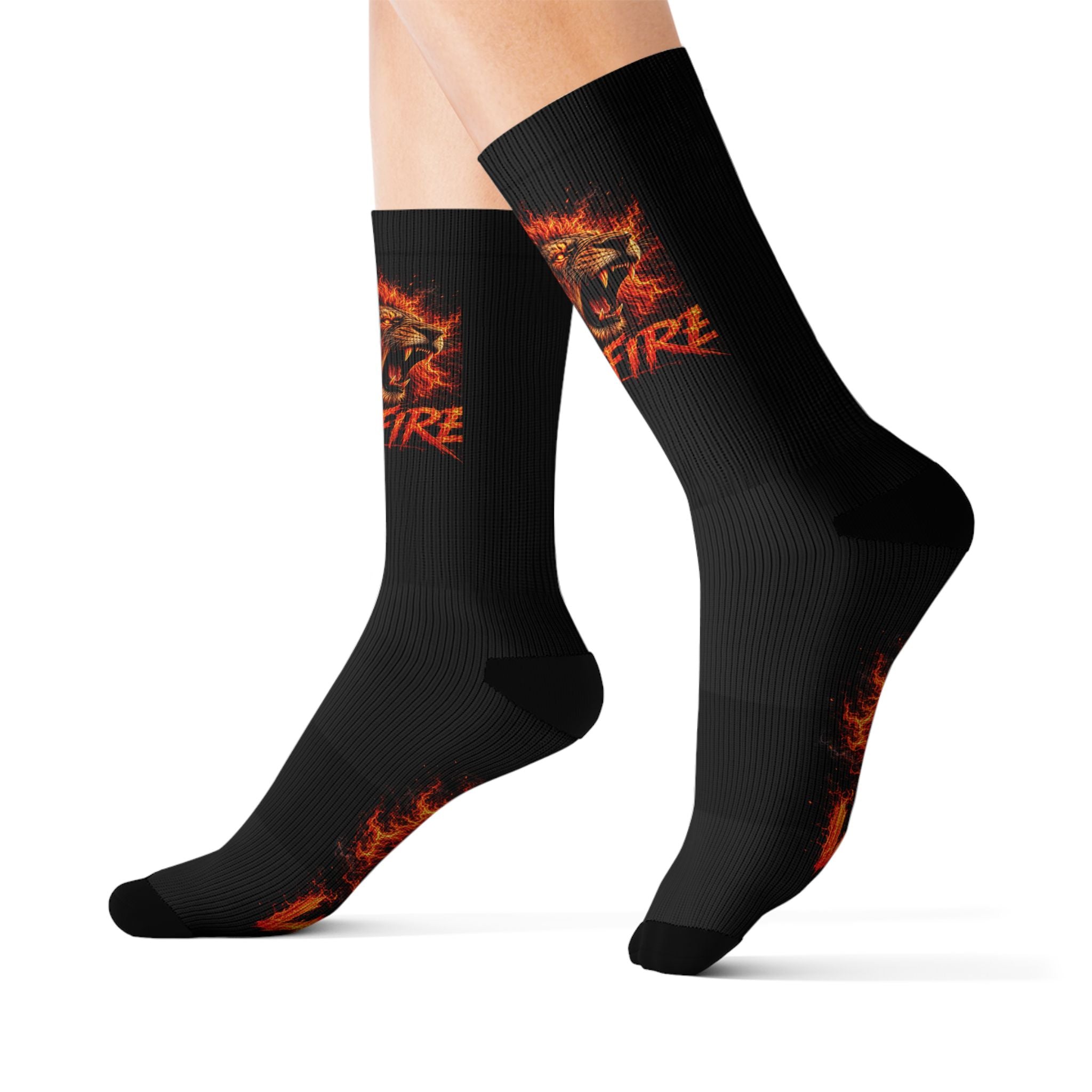 Wildfire Lion Sublimation Socks — Bold Flaming Animal Crew Socks
