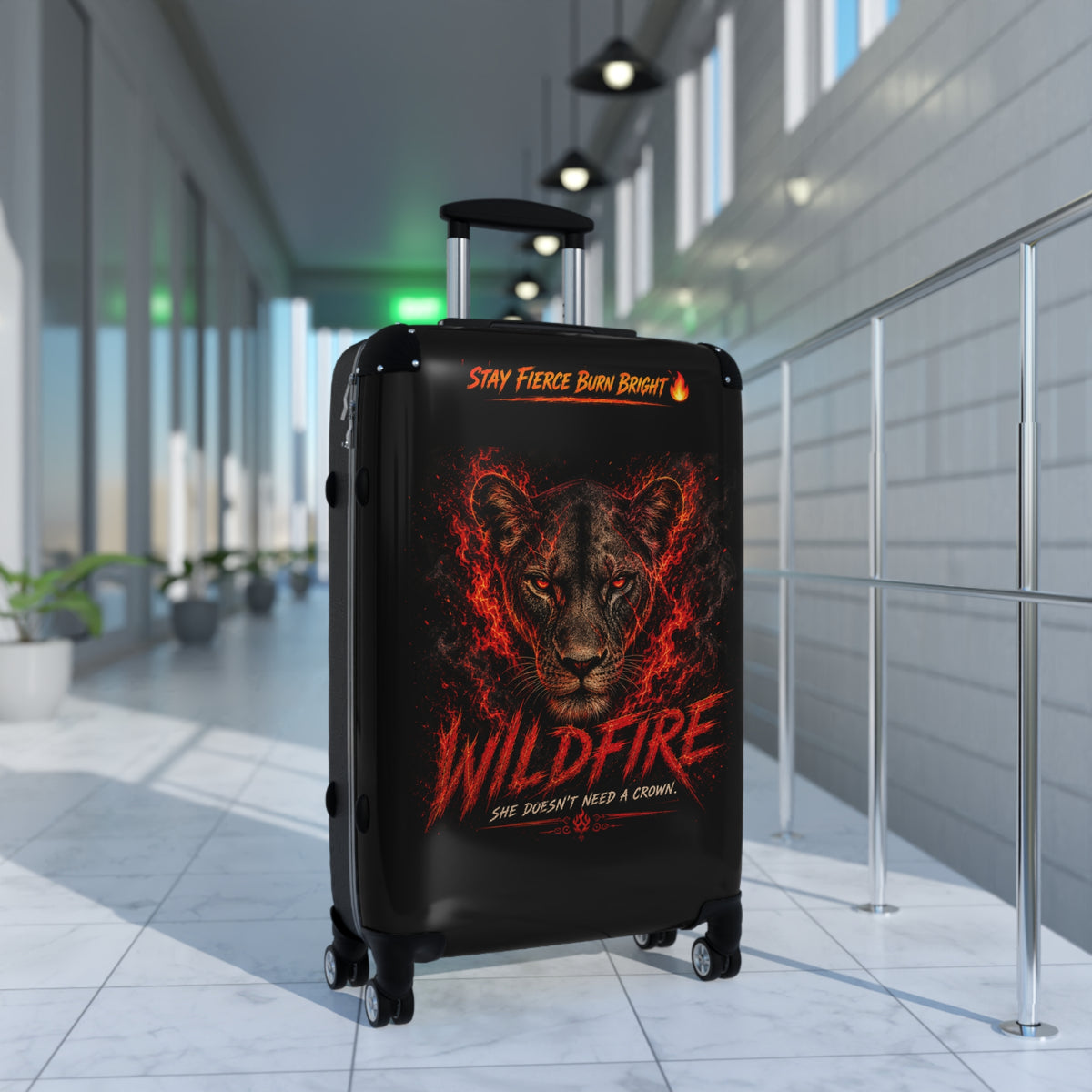 Wildfire Lioness Carry-On Suitcase – 'Stay Fierce Burn Bright' Travel Luggage
