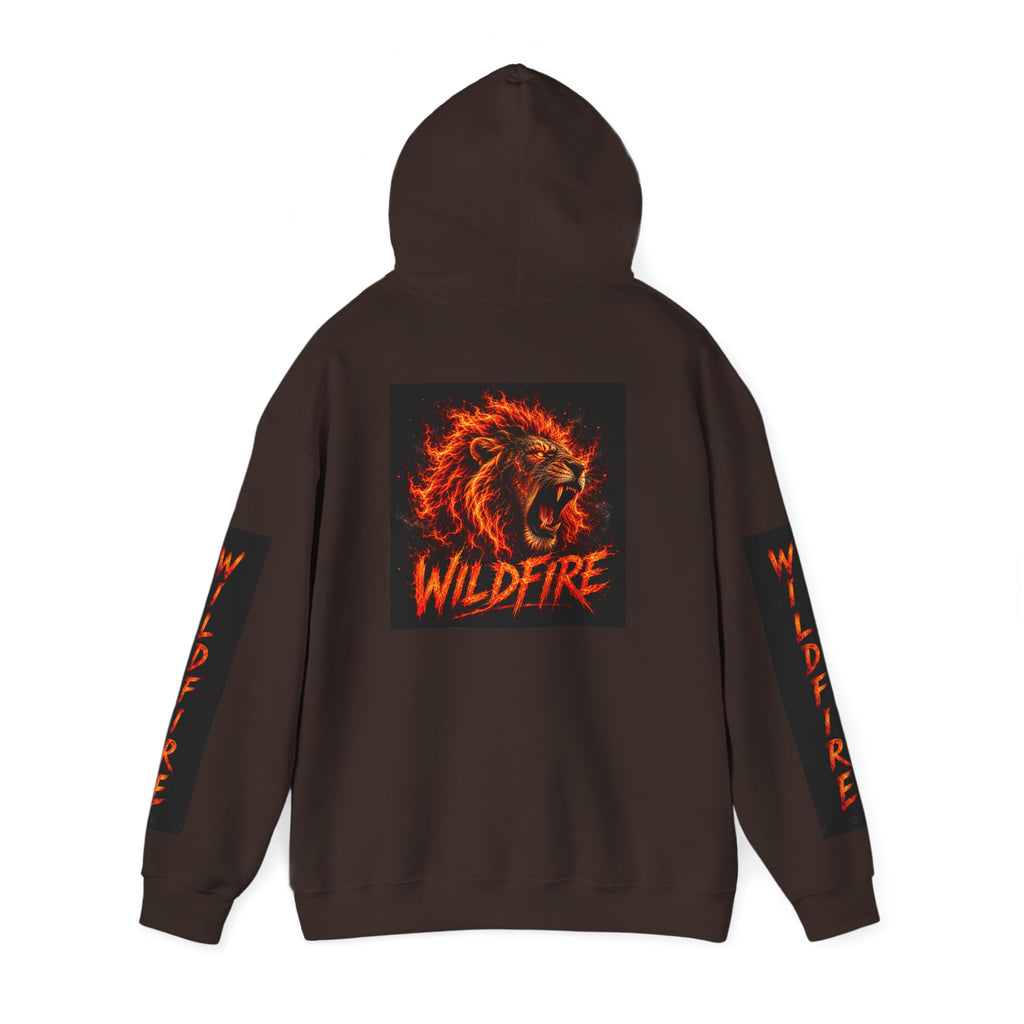 Wildfire Roaring Lion Graphic Hoodie — Fiery Elemental Back Art & Sleeve Text