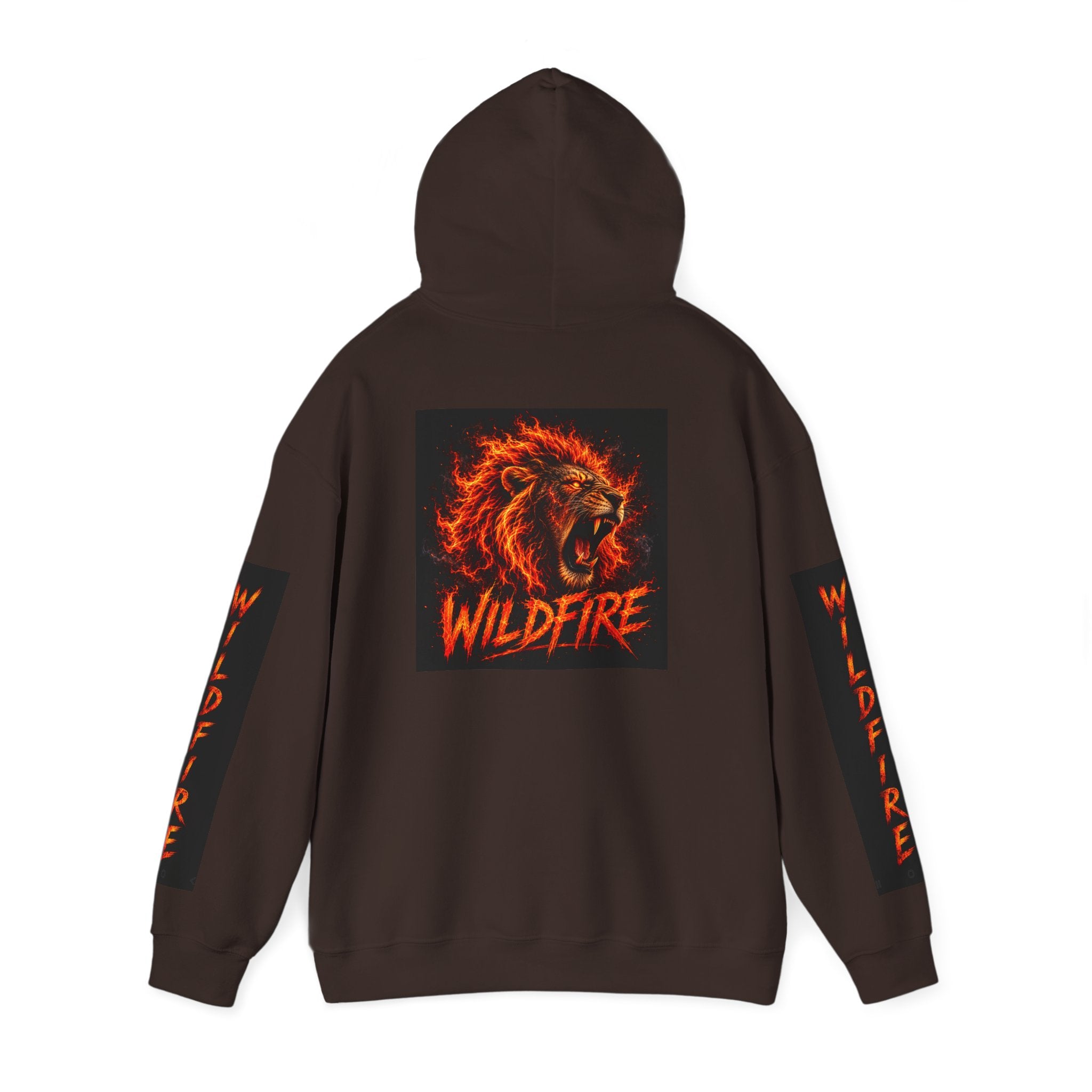 Wildfire Roaring Lion Graphic Hoodie — Fiery Elemental Back Art & Sleeve Text