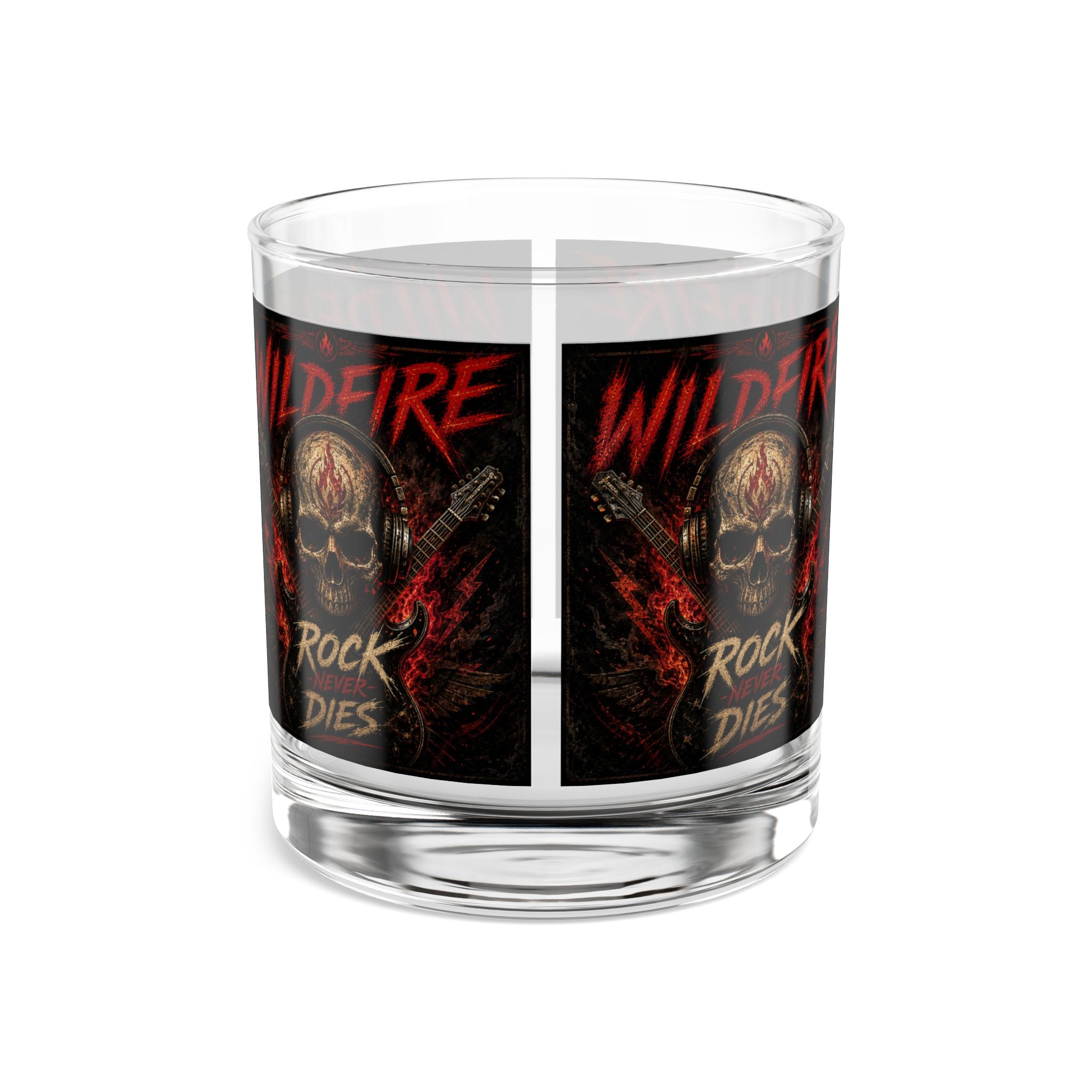 Wildfire Rock & Roll 10oz Whiskey Rocks Glass — 'Rock Never Dies' Skull Guitar Design