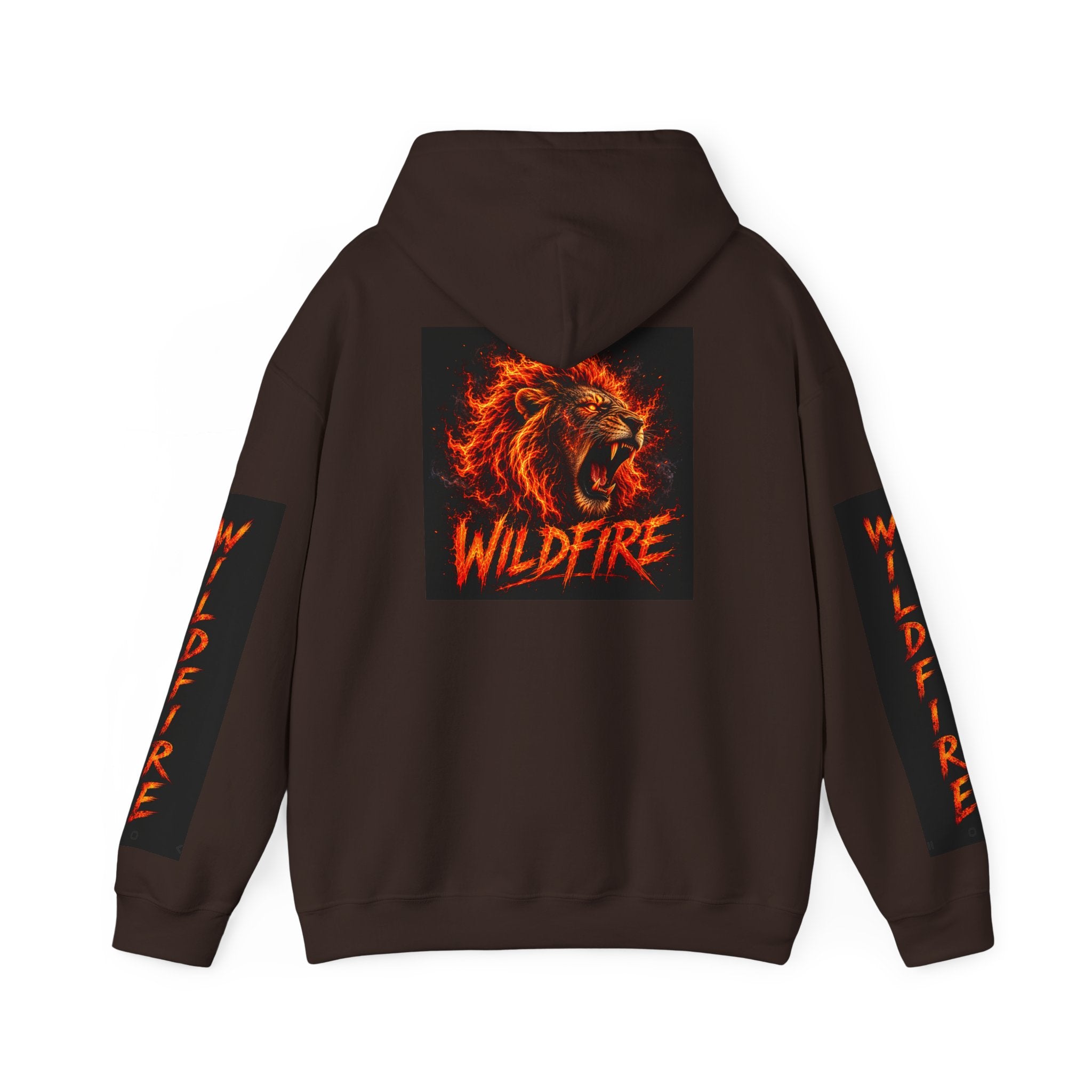 Wildfire Roaring Lion Graphic Hoodie — Fiery Elemental Back Art & Sleeve Text