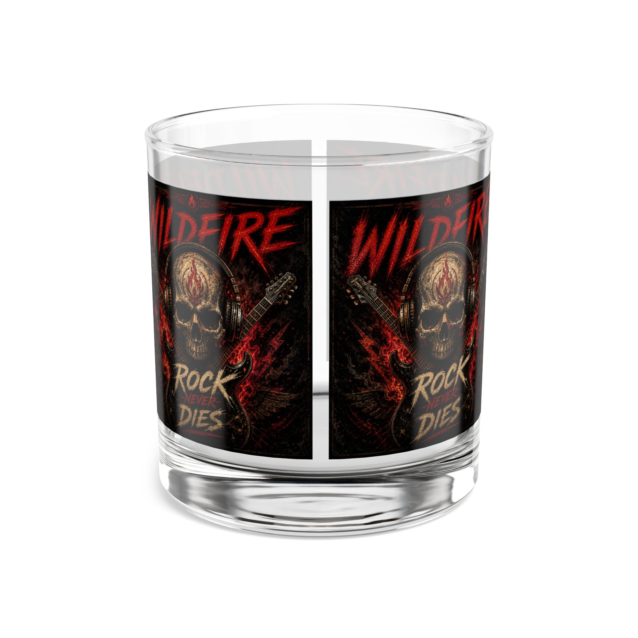 Wildfire Rock & Roll 10oz Whiskey Rocks Glass — 'Rock Never Dies' Skull Guitar Design