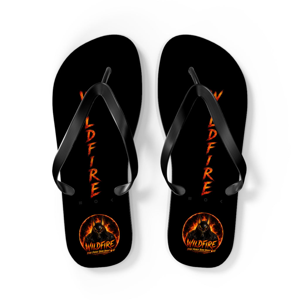Wildfire Flame Flip Flops — Black Beach Sandals with Flaming Logo