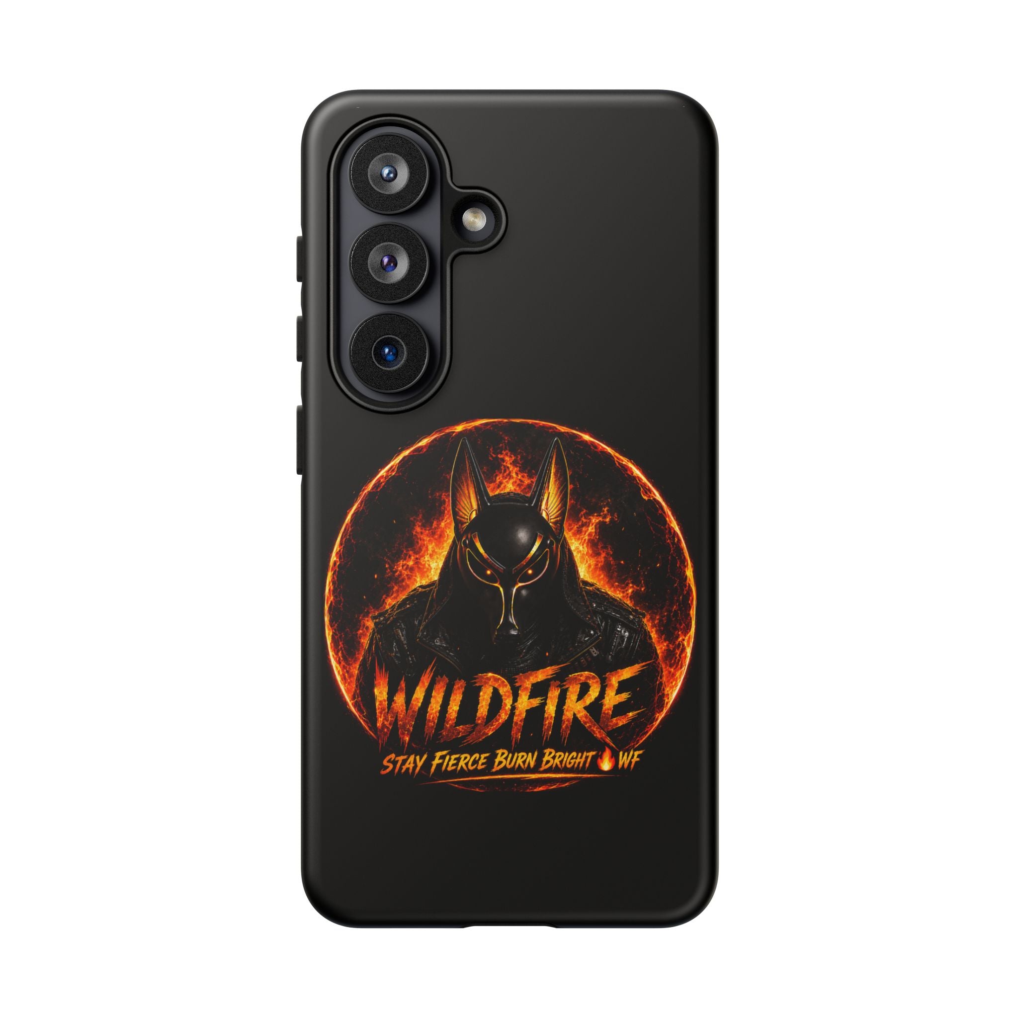 Wildfire Phone Case — Fierce Flaming Anubis Design, "Stay Fierce Burn Bright"