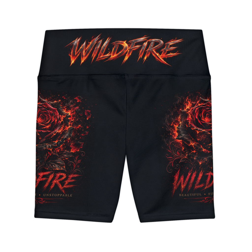 Wildfire Flaming Rose Logo Workout Shorts — "WILDFIRE" High-Waist Fitness Shorts