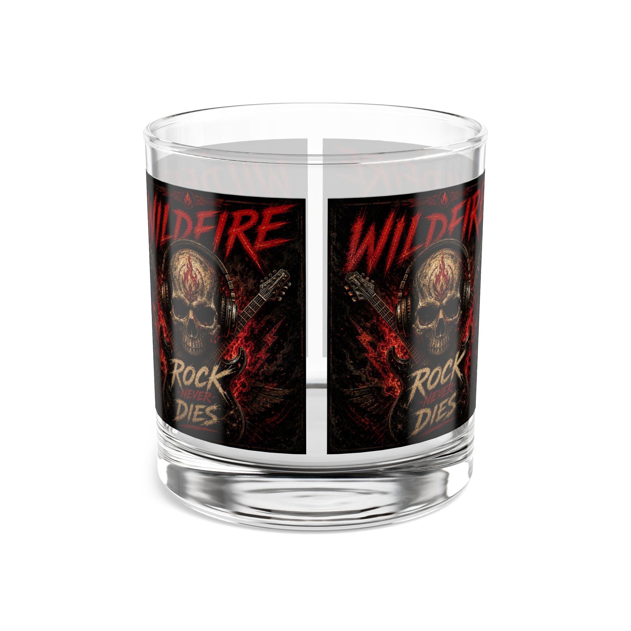 Wildfire Rock & Roll 10oz Whiskey Rocks Glass — 'Rock Never Dies' Skull Guitar Design