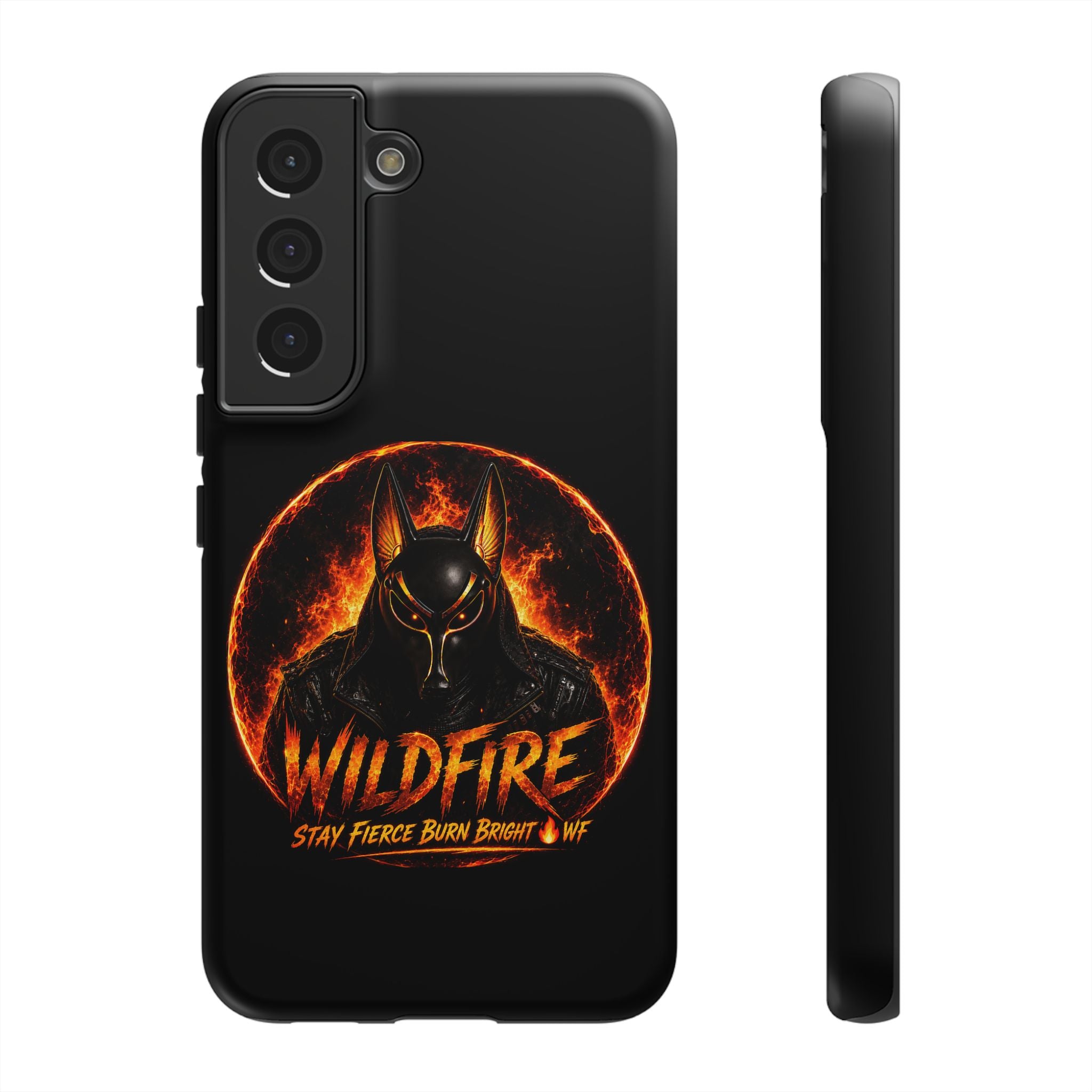 Wildfire Phone Case — Fierce Flaming Anubis Design, "Stay Fierce Burn Bright"