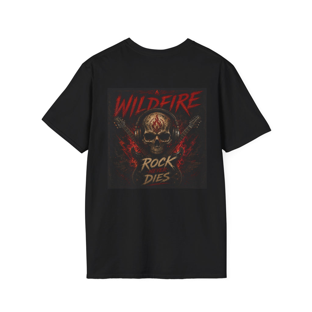 Wildfire Rock Never Dies Graphic T-Shirt — Retro Flame Logo Tee
