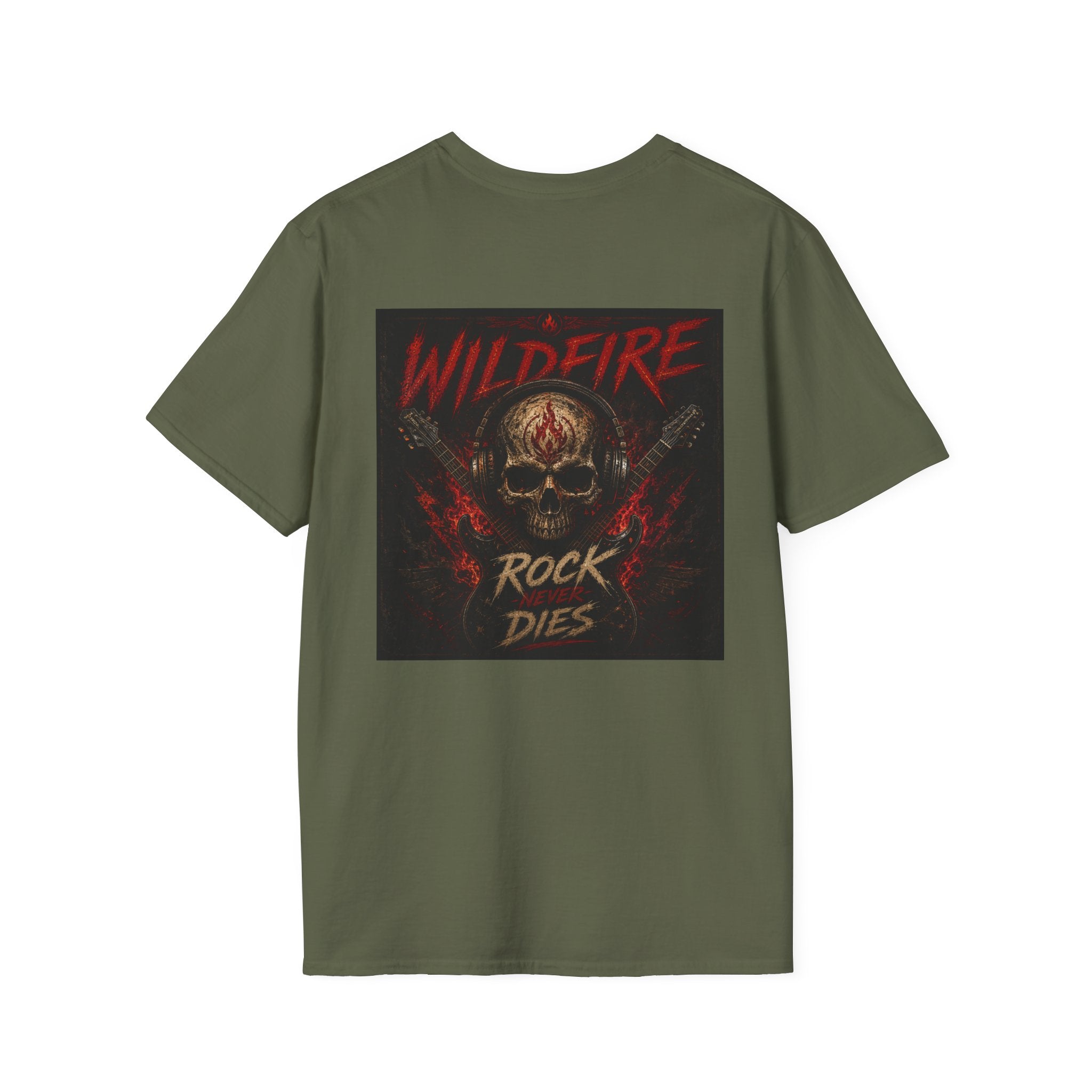 Wildfire Rock Never Dies Graphic T-Shirt — Retro Flame Logo Tee