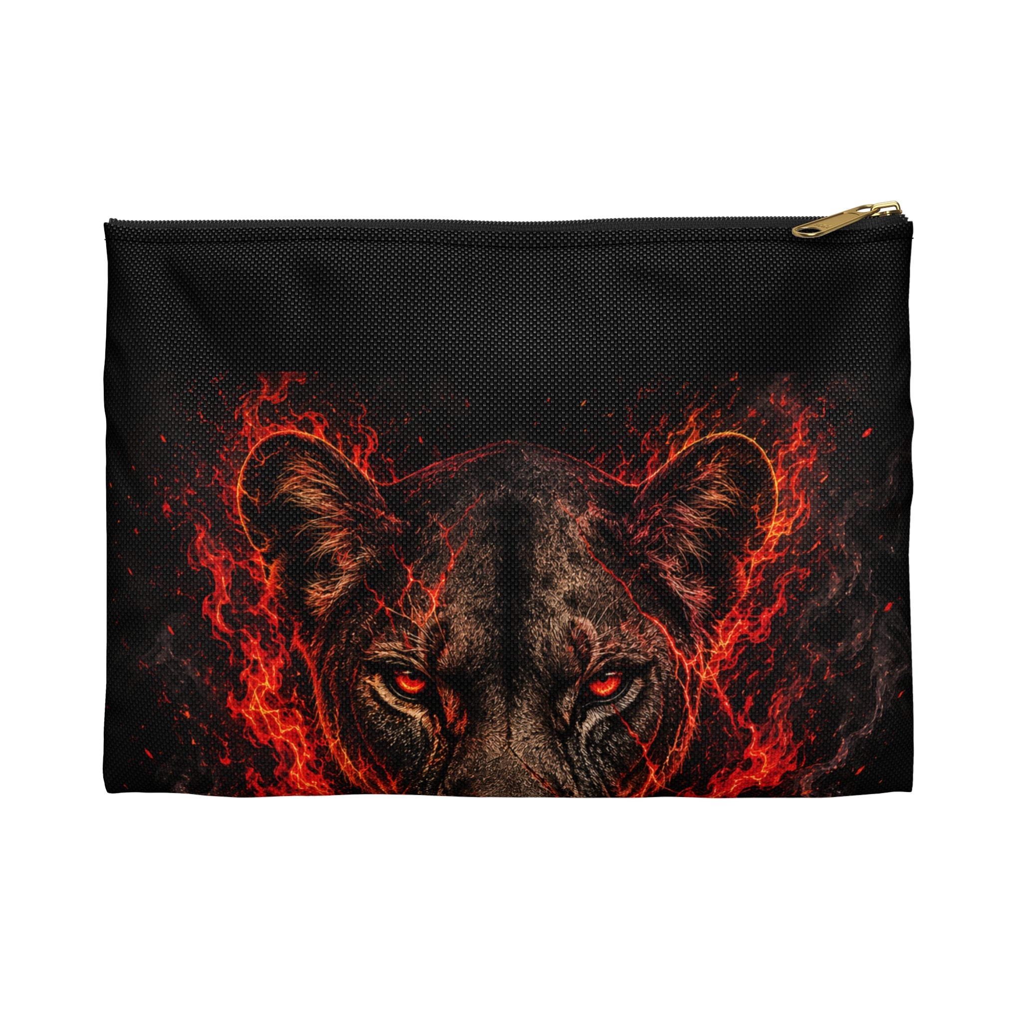 Wildfire Lion Accessory Pouch — Fiery Lion Face Zip Pouch