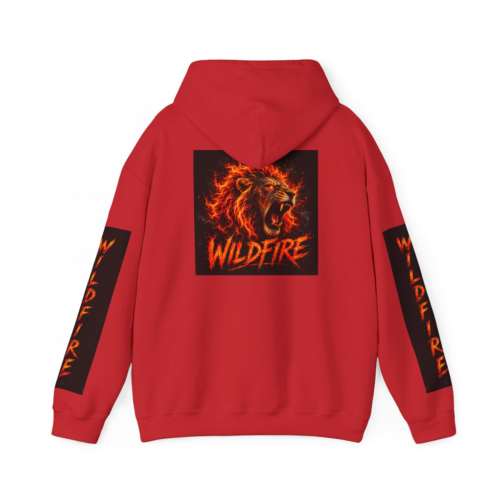 Wildfire Roaring Lion Graphic Hoodie — Fiery Elemental Back Art & Sleeve Text